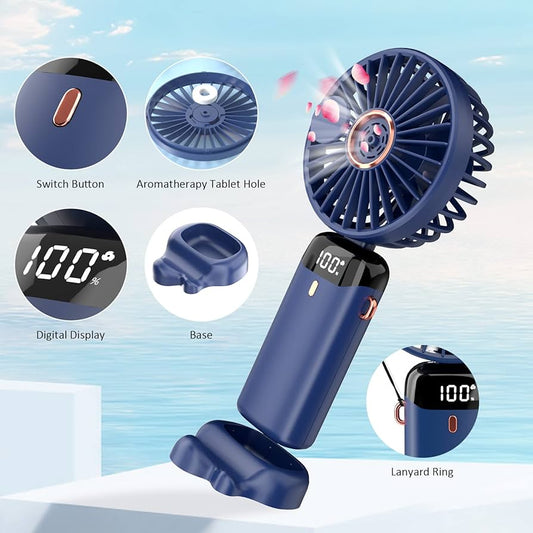 Premium Big Size Portable Hand Fan, 5 Intelligent Speed Mode + Perfume Sprayer, Foldable System with Hanging Strap, Mini Fan for Men, Women, Girls and Childs