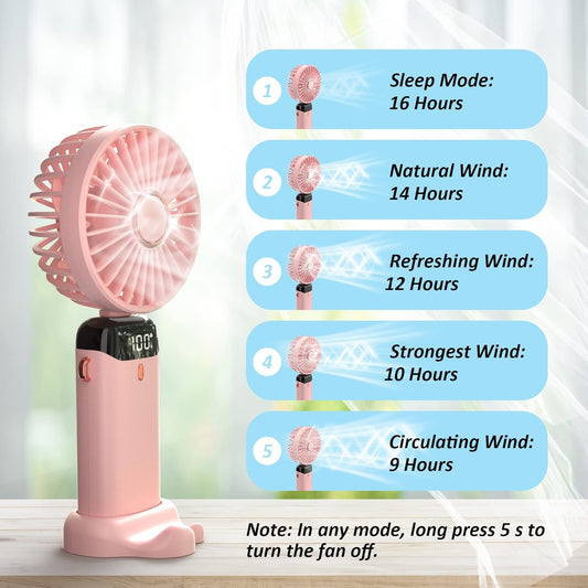 Premium Big Size Portable Hand Fan, 5 Intelligent Speed Mode + Perfume Sprayer, Foldable System with Hanging Strap, Mini Fan for Men, Women, Girls and Childs