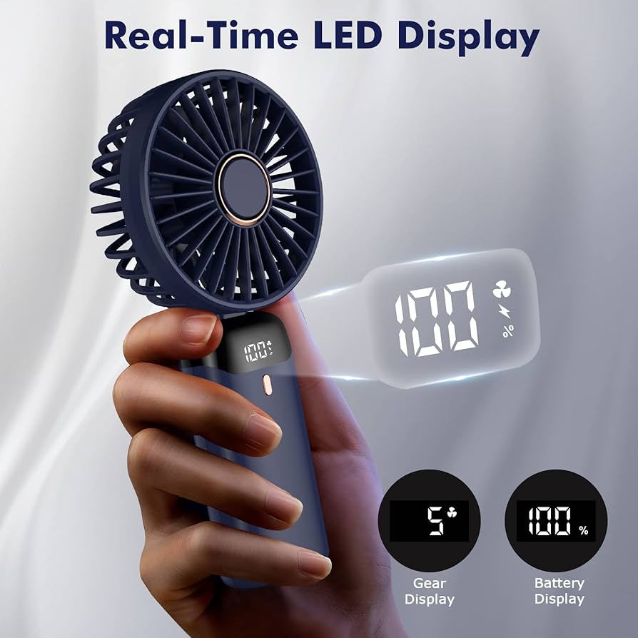 Premium Big Size Portable Hand Fan, 5 Intelligent Speed Mode + Perfume Sprayer, Foldable System with Hanging Strap, Mini Fan for Men, Women, Girls and Childs