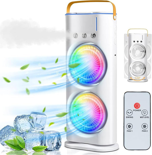 Dual Fan With Multi-Cooler + 3 Nozzle Ice Cooled Mist Spray Cooler Fan, With Harmonious Light, Rechargeable & Remote Controlled Cooler for Home, Office, Bedroom, Living Room, Dining Room, Kitchen
