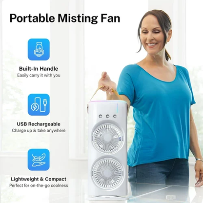 Dual Fan With Multi-Cooler + 3 Nozzle Ice Cooled Mist Spray Cooler Fan, With Harmonious Light, Rechargeable & Remote Controlled Cooler for Home, Office, Bedroom, Living Room, Dining Room, Kitchen